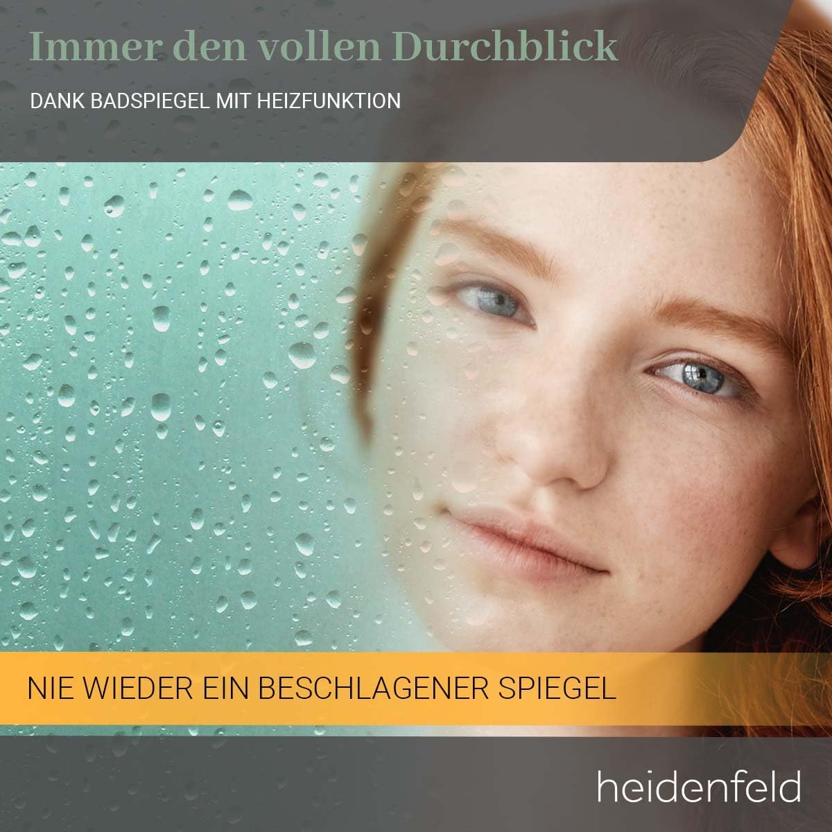 Heidenfeld Spiegel Infrarotheizung | HF-HS200 mit Touchpanel -    - 200 Watt - 60 x 60 cm - WiFi Badspiegel - Badezimmerspiegel - Infrarot Heizung Spiegel - Wandheizung