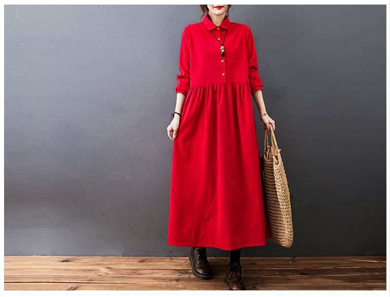 Lucuna - Lange mouwen, kraag, effen corduroy midi-lijn jurk