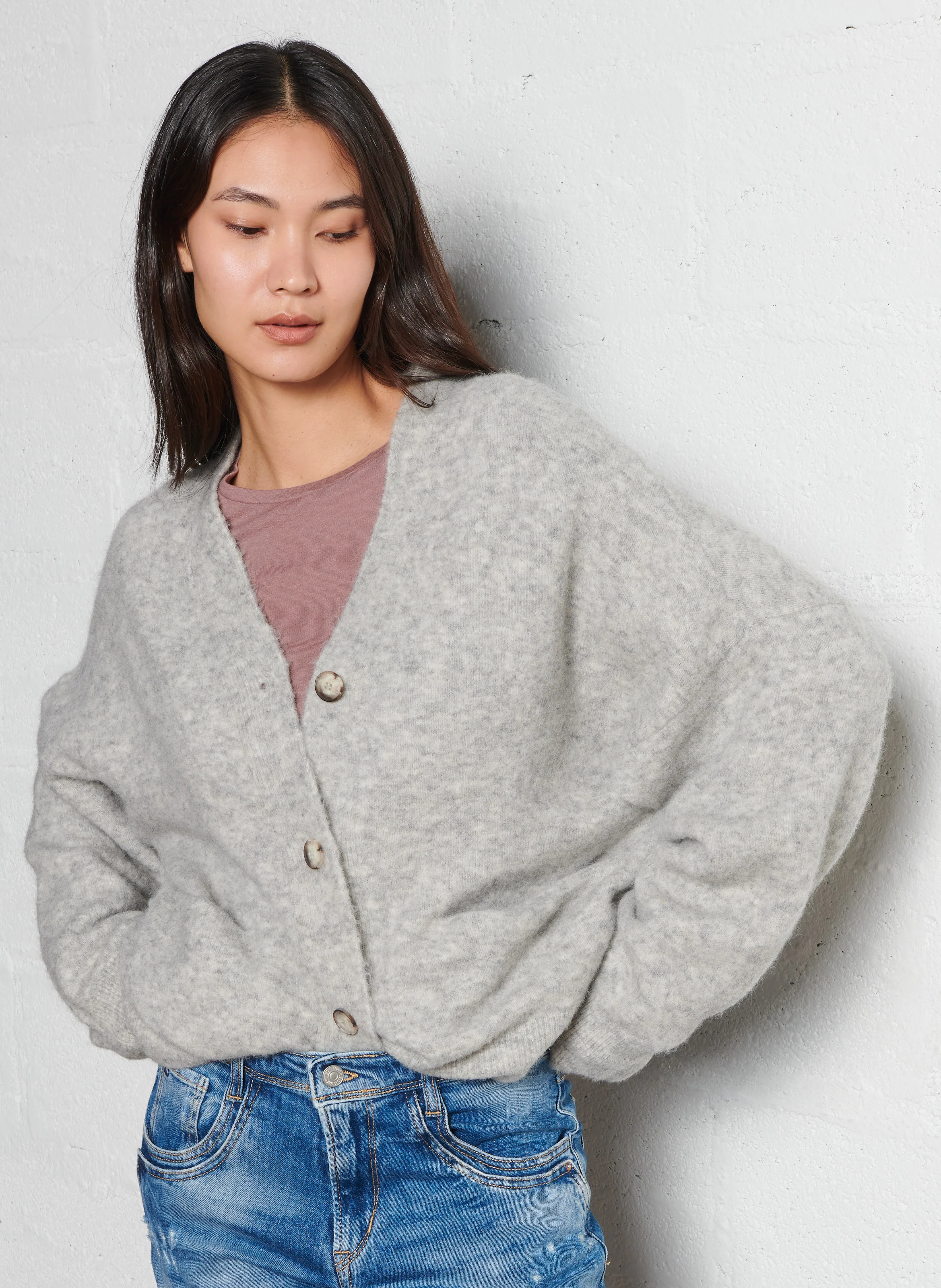 AUSTIN - Gilet ample col V en alpaga mélangé | Gris