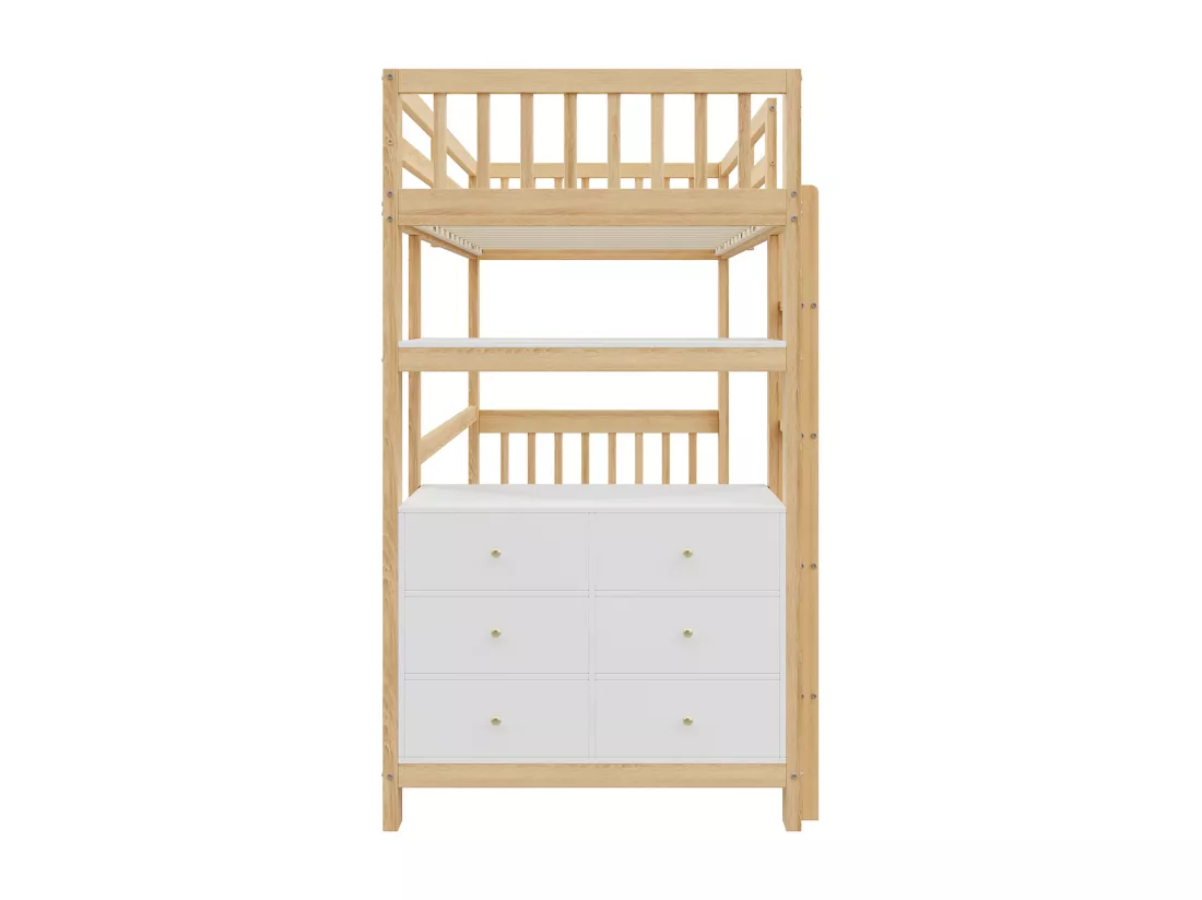 Lit mezzanine 90 x 200 cm avec avec bureau, étagère & 6 tiroirs - bois de pin et MDF - blanc et naturel (sans matelas)