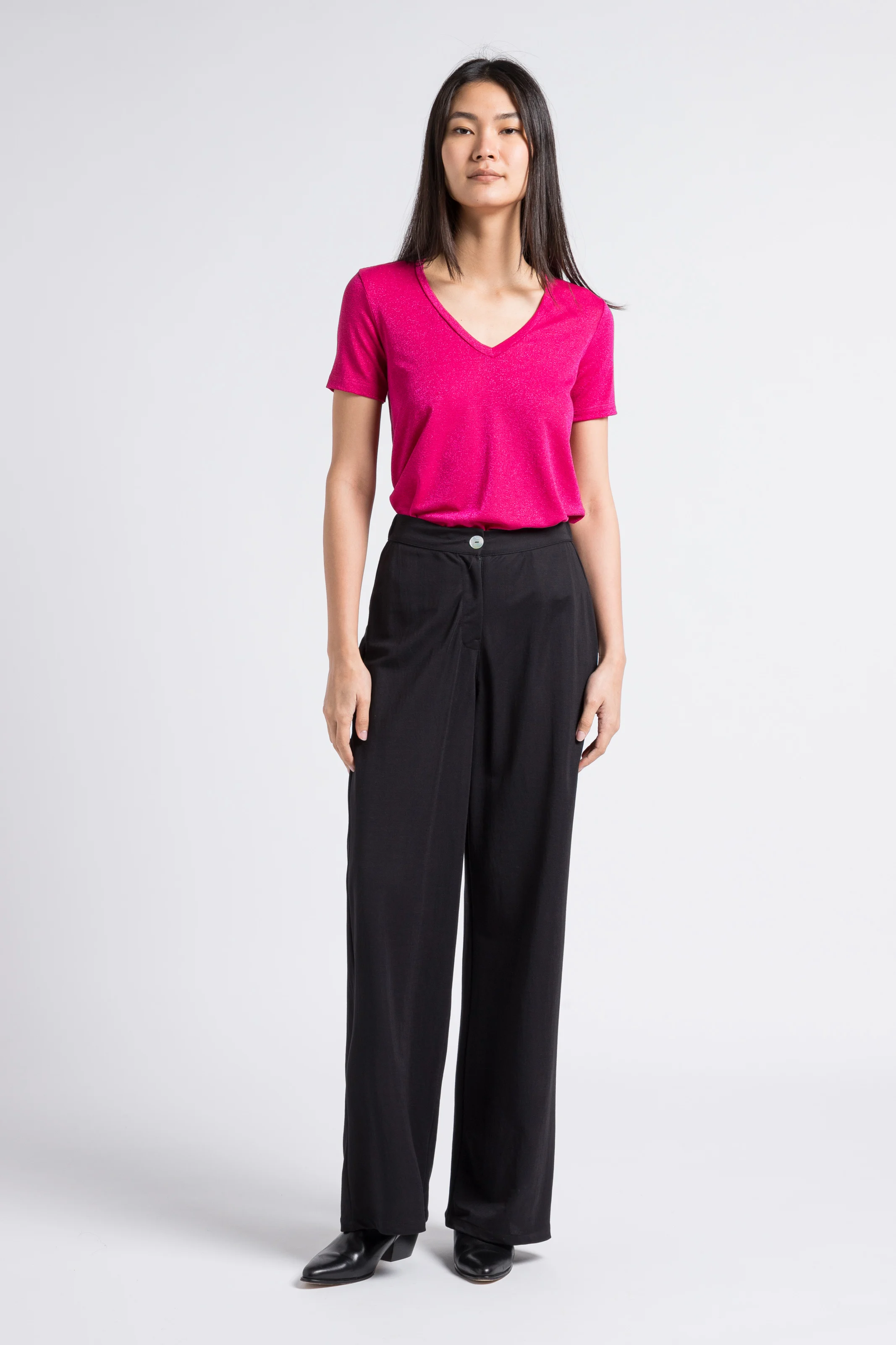 T-shirt col V en fibres métallisées | Rose