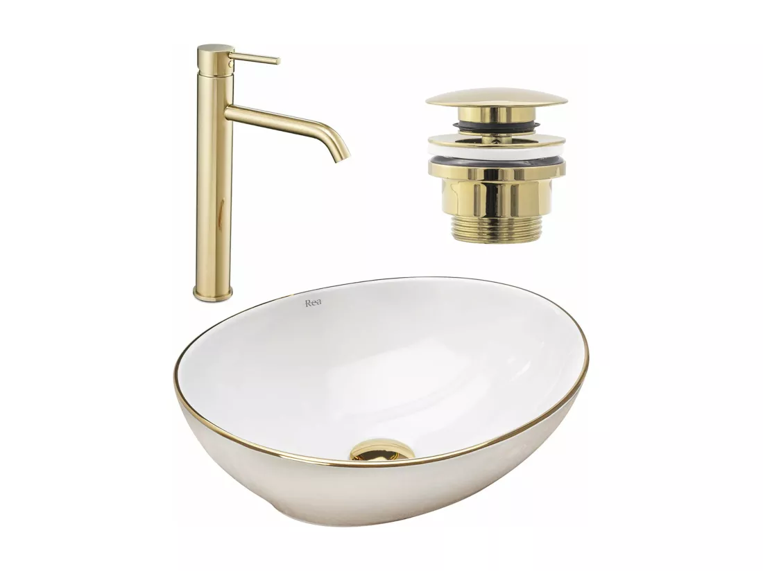 Set De Vasque À Poser Rea Sofia White + Robinet De Lavabo Lungo Gold High + Bonde Gold