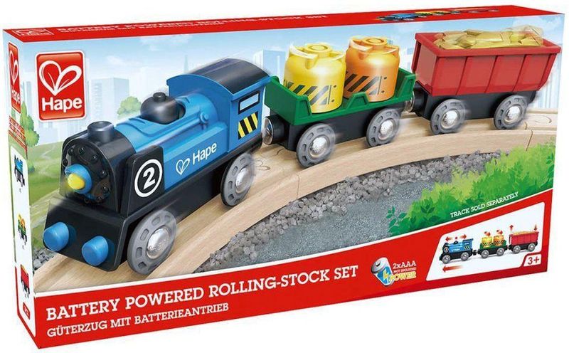 Hape - Elektrische Locomotief - Blauw - Hout - Inclusief 2 Wagons