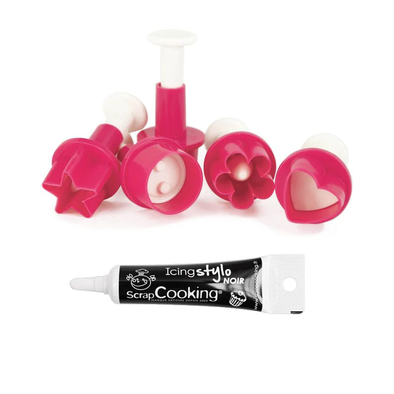 5 découpoirs pâte à sucre + Stylo de glaçage noir Scrapcooking