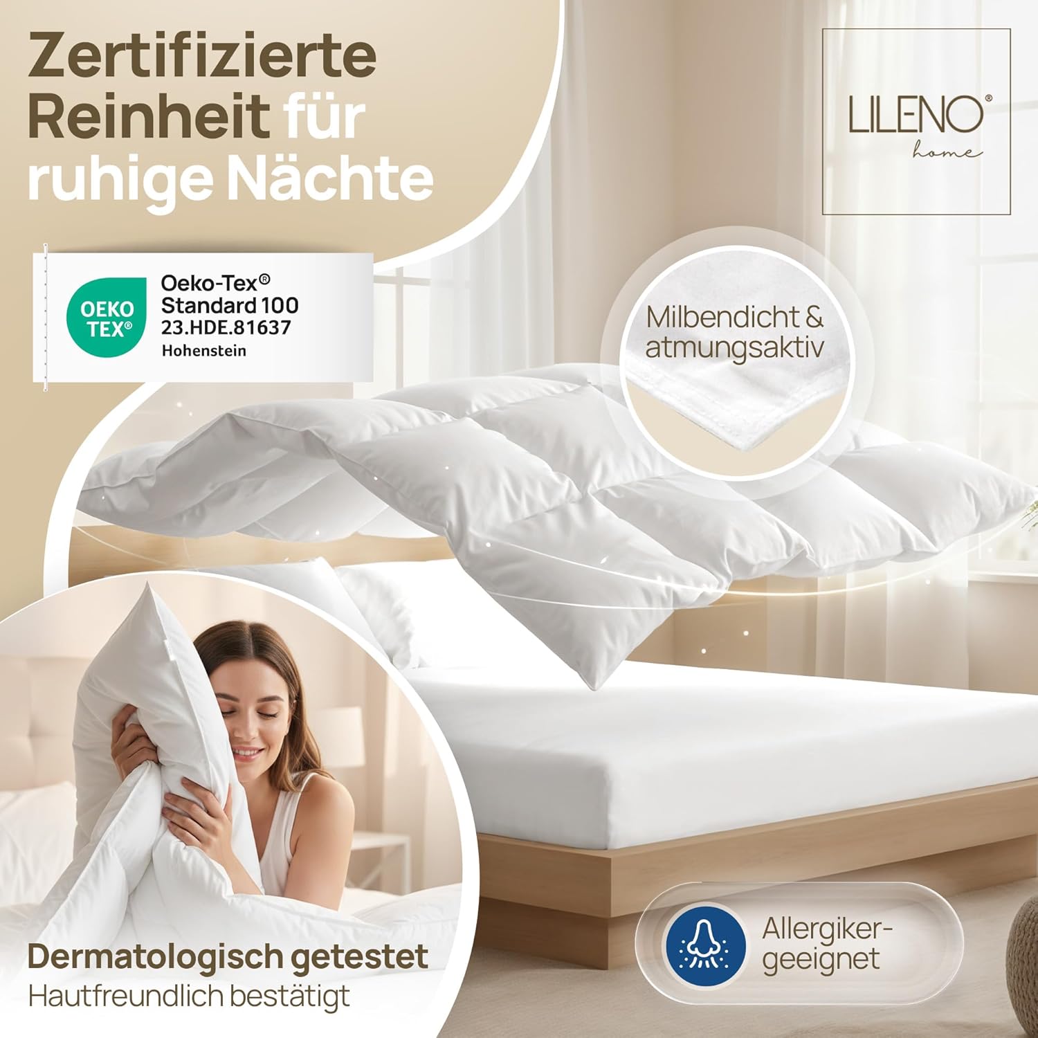 LILENO HOME Premium Daunendecke 135x200 Ganzjahresdecke (90% Daunen / 10% Federn) – Flüsterleise, Anschmiegsame & Wolkenweiche Bettdecke 135x200 – Made in Germany, Oeko-Tex & 60 °C Waschbar