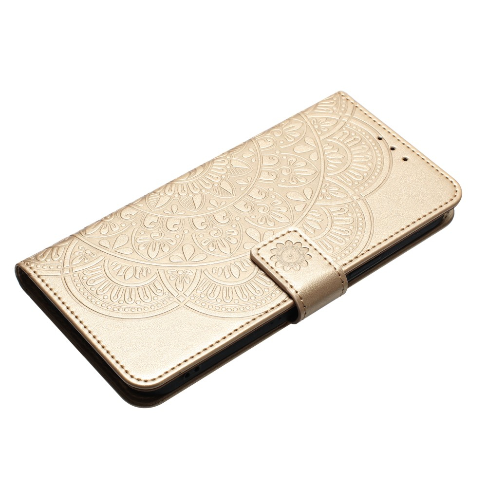 iPhone 16 Pro Leder Tasche Wallet - Mandala Flowers Imprint - Gold