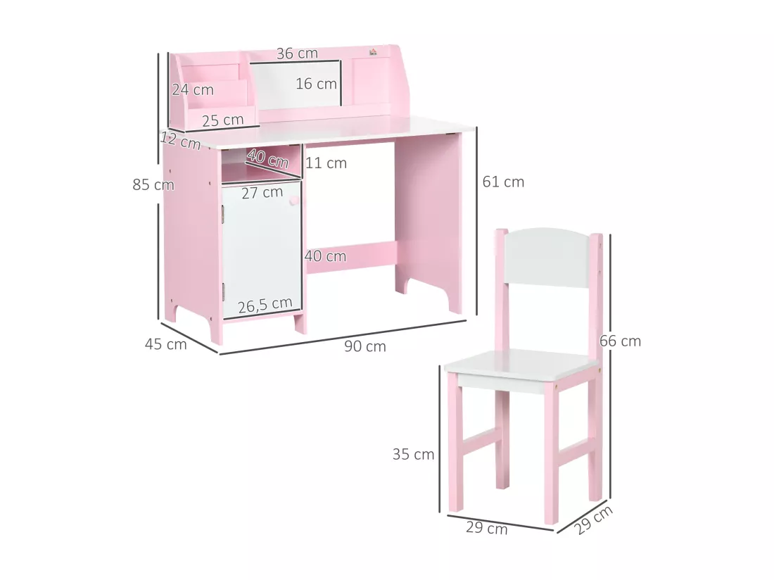 Ensemble table et chaise pour enfant rose avec tableau blanc - bureau pour enfant +5 ans - 90L x 45l x 85H cm