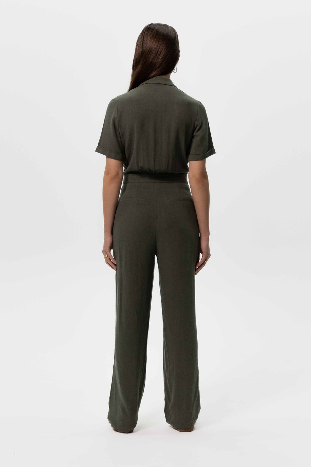 Donkergroene linnen straight leg jumpsuit