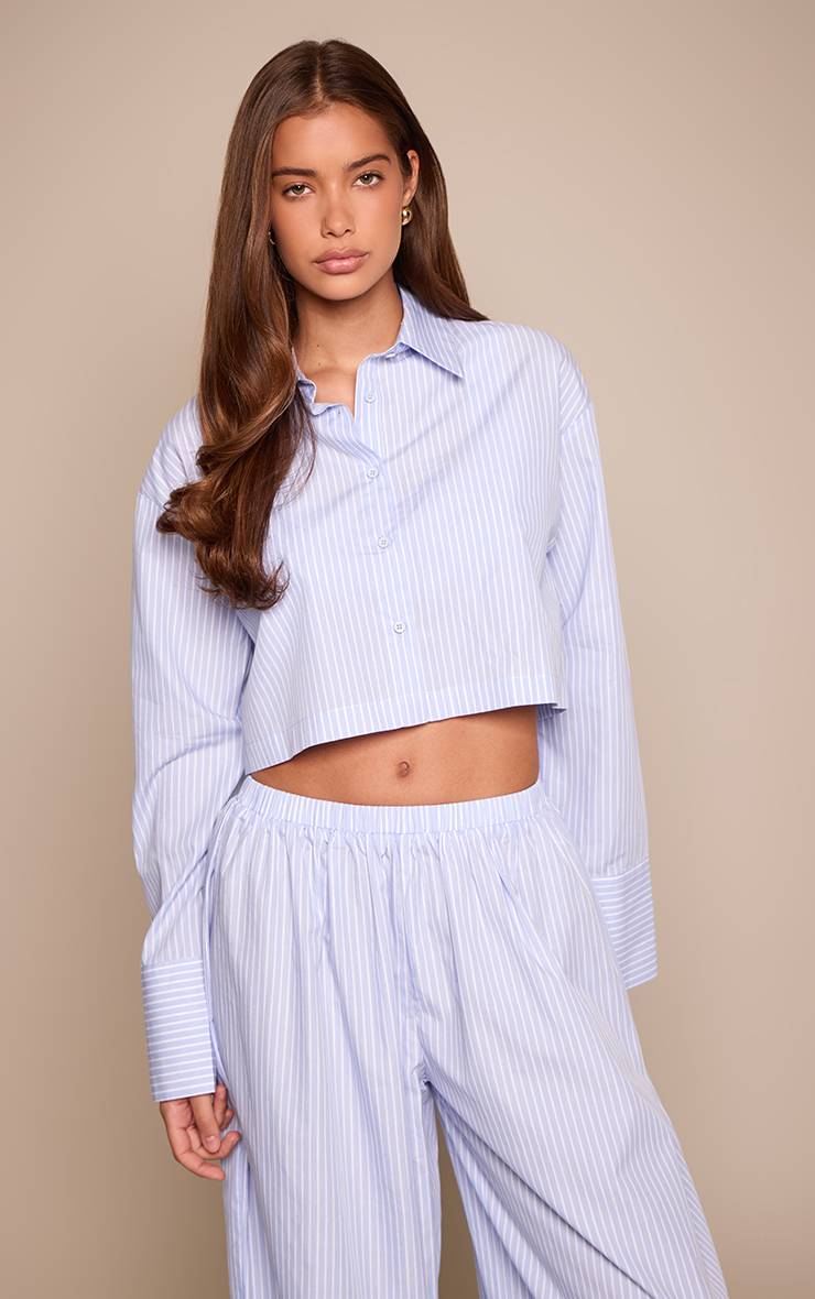 Bleu Ensemble Coordonné Chemise Courte À Fines Rayures