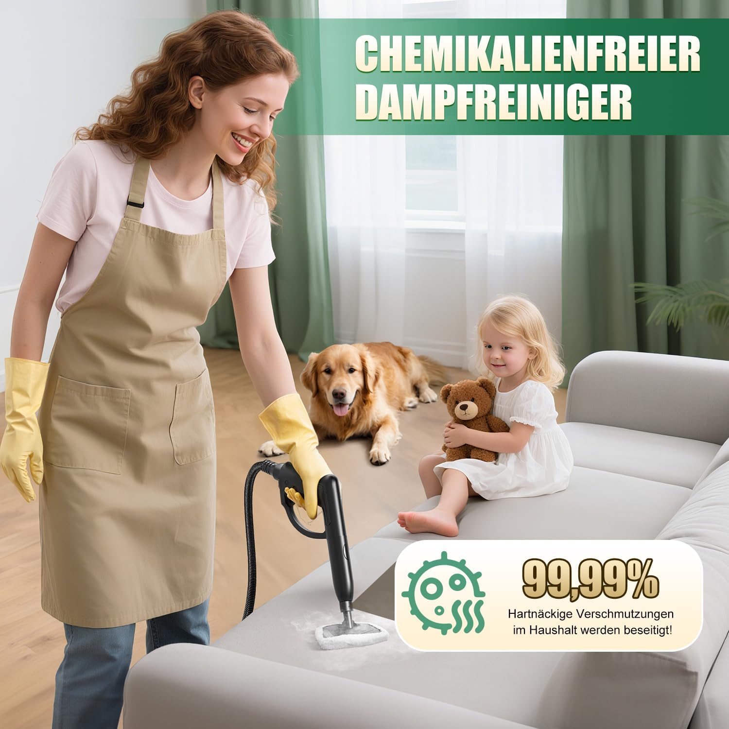 Dampfreiniger, Dampfdruck: 4 Bar, Leistung: 2000 W, Tank: Max 2 L, Nutzungsdauer: 40 Minuten, mit Bodenreinigungsset, Düsen und Rundbürste von Böden, Sofas, Polstermöbel und Autos