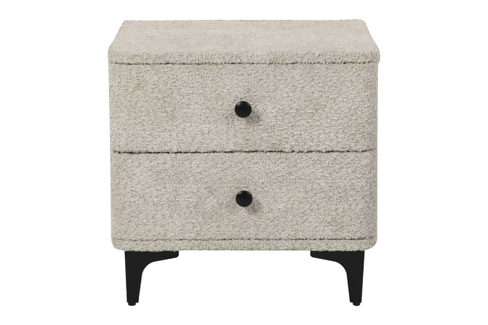 Moderner Nachttisch ART DECO 45cm greige Bouclé mit Schubladen schwarz Metall