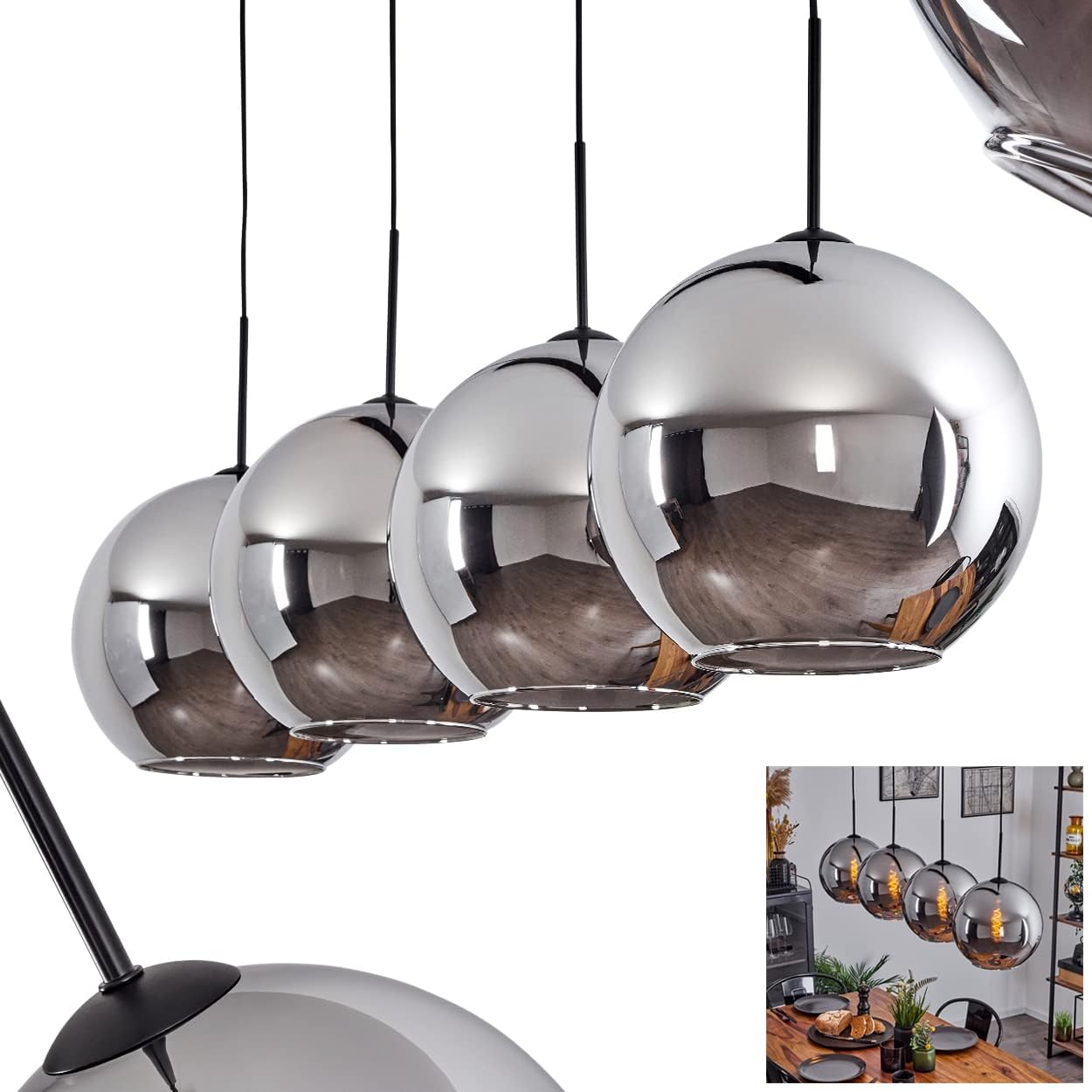 Hängeleuchte Koyoto, Hängelampe aus Metall/Glas in Schwarz/Chromfarben, Leuchte 4-flammig im Vintage/Retro Design mit Schirmen aus Glas (Ø 30 cm), Höhe max. 152 cm, 4 x E27, ohne Leuchtmittel