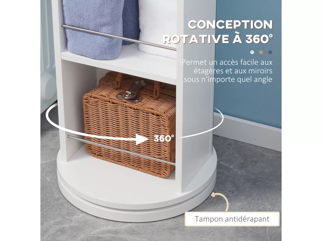 Meuble colonne de salle de bain pivotant avec miroir - 6 étagères - 36L x 36l x 171H cm - blanc