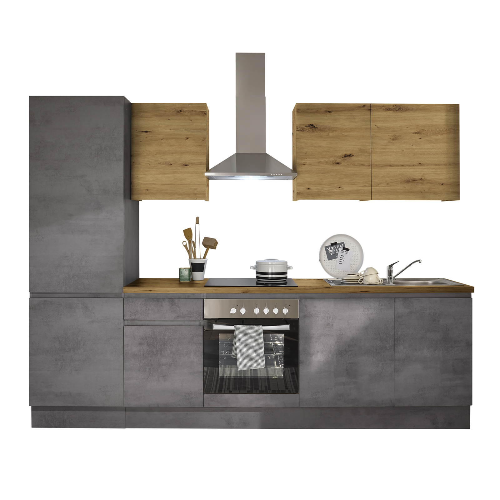 Küchenblock - Chromix anthrazit - Artisan Eiche - mit E-Geräten - 280 cm