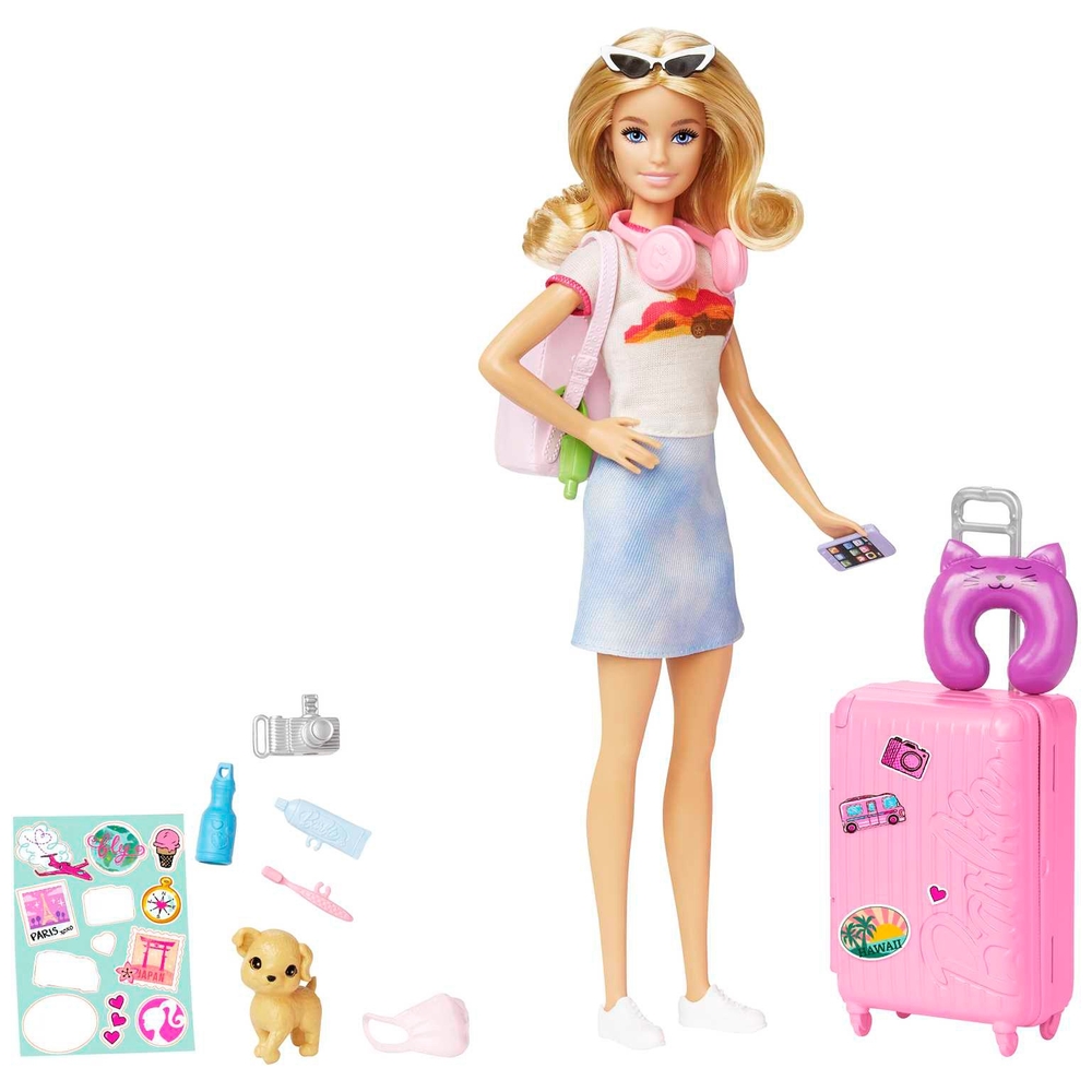 Barbie Reisepuppe mit Hund und Urlaubsaccessoires-Set