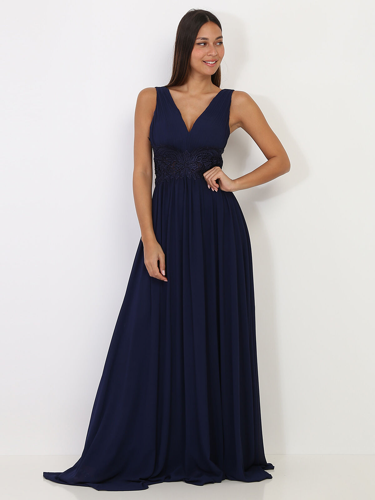 Robe longue à buste drapé et dentelle- Bleu marine