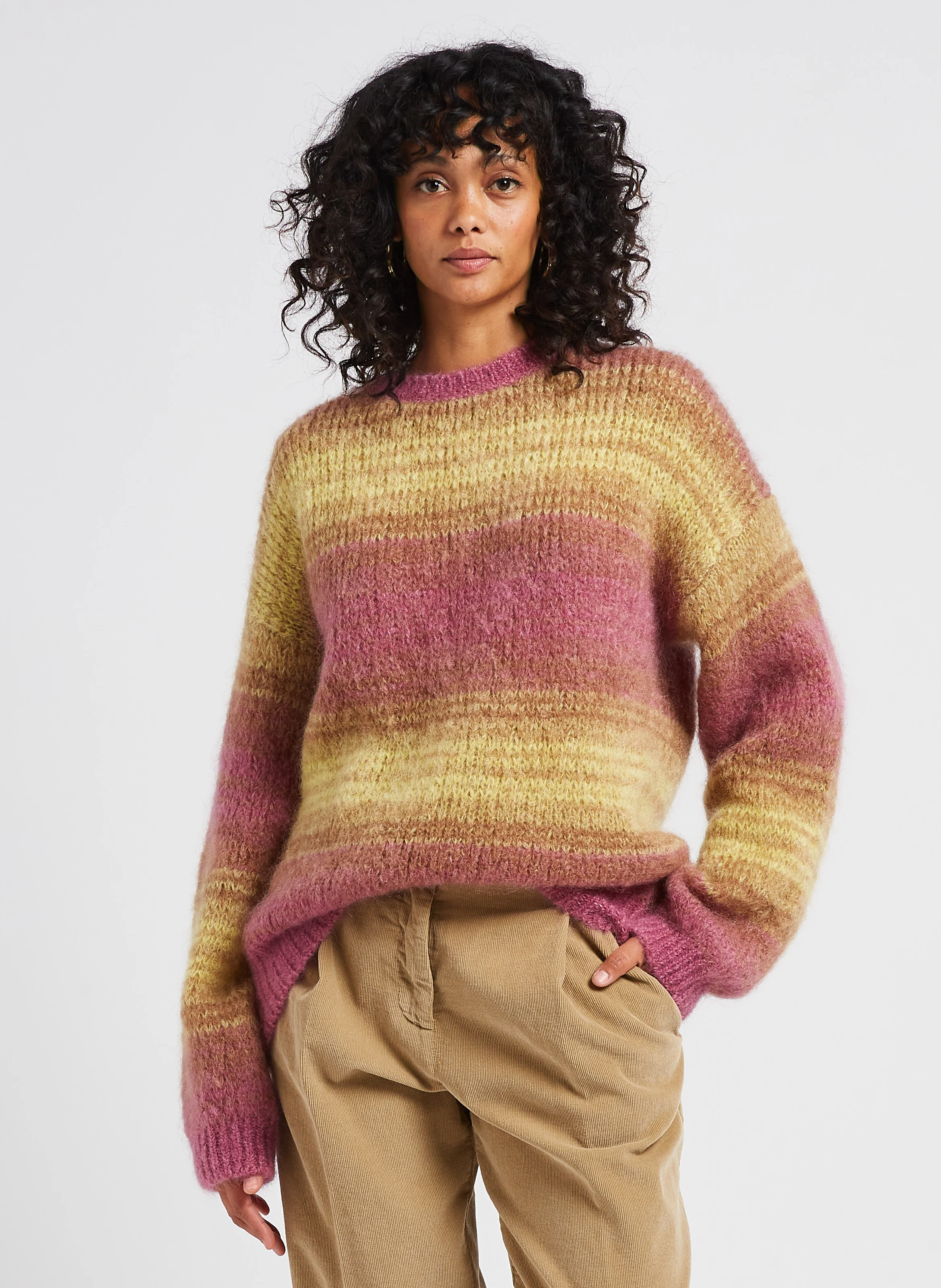 Pull col rond rayé en mohair mélangé| Multicolore