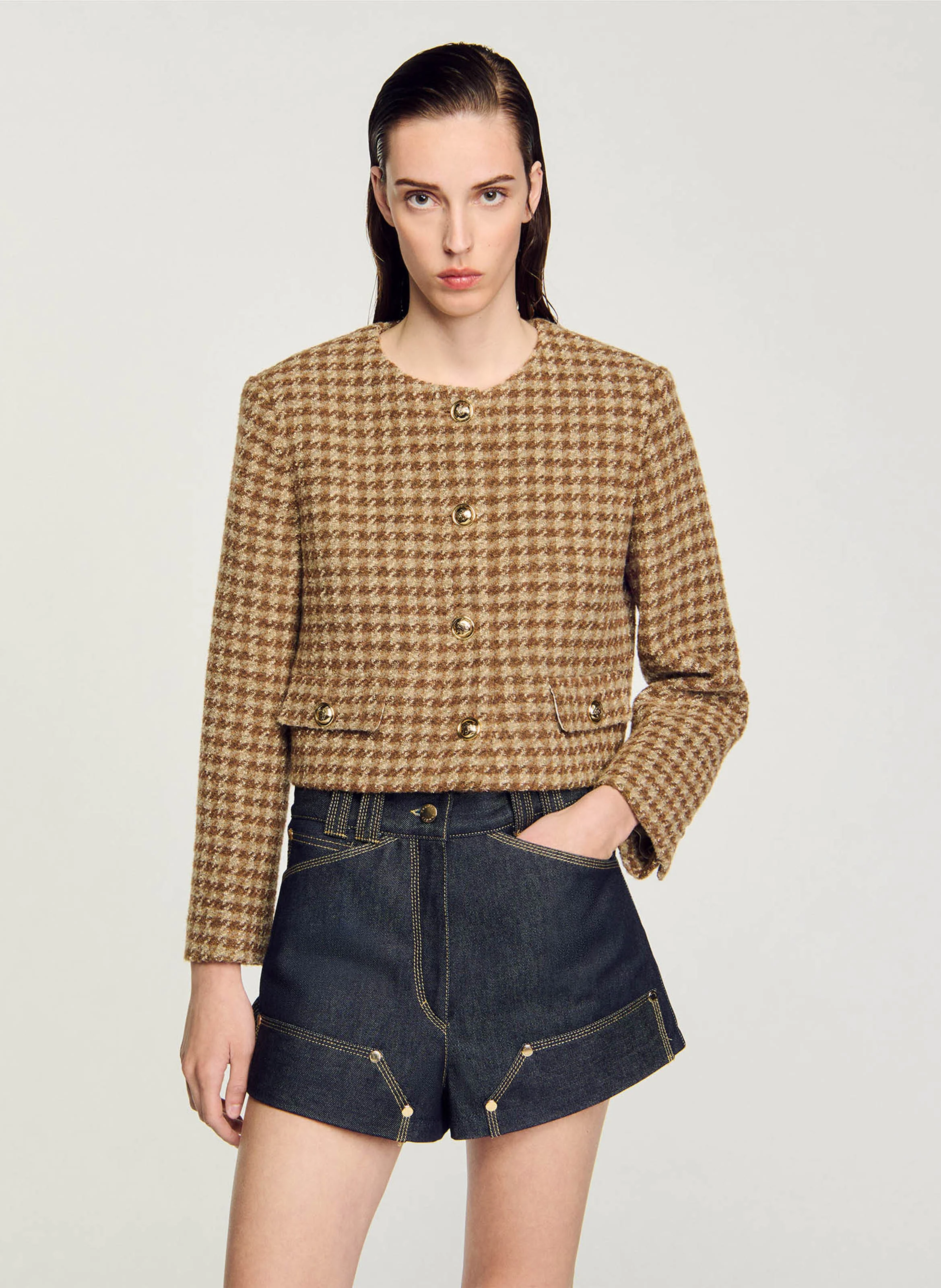 Veste col rond imprimée | Marron