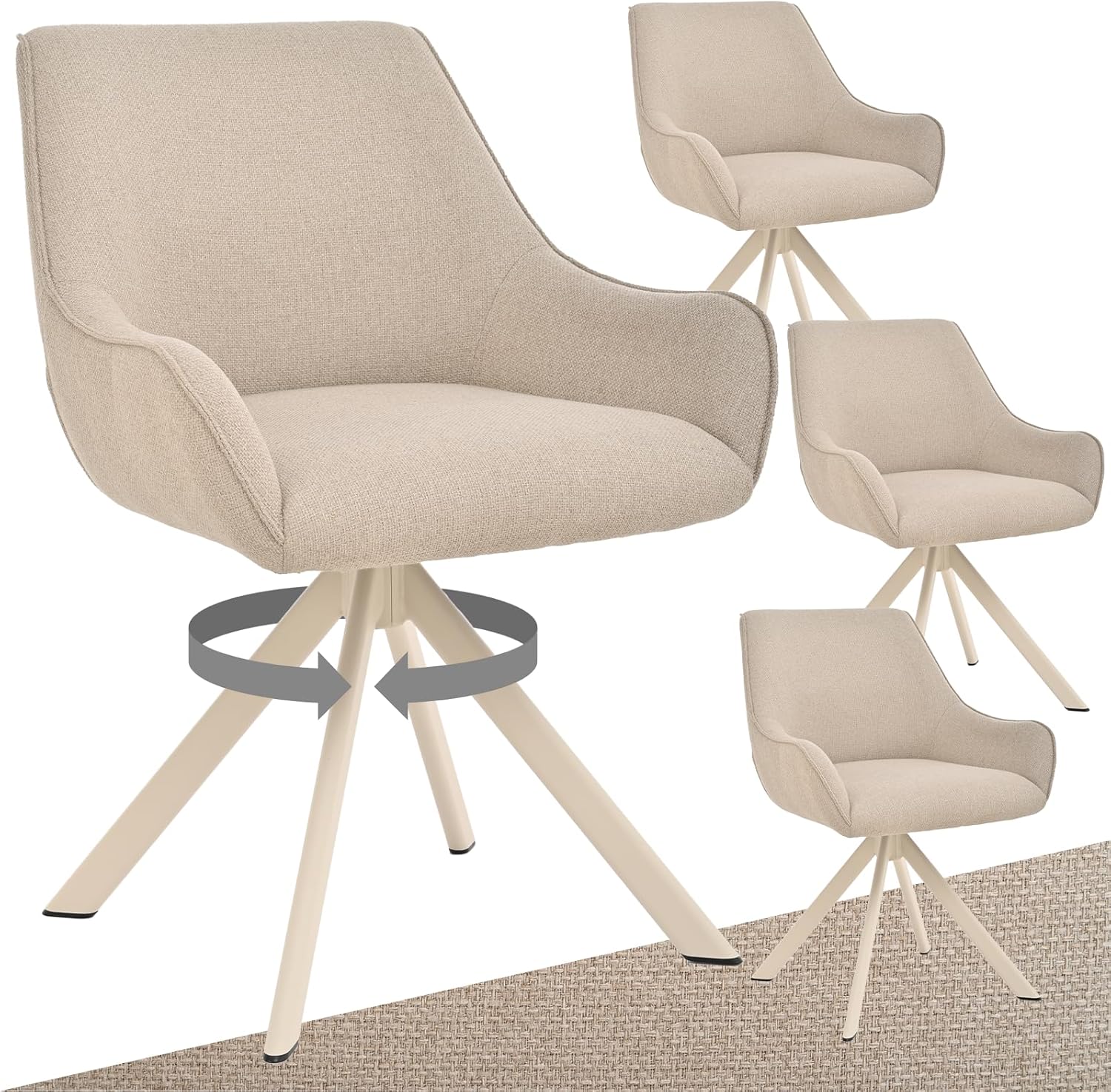 Esszimmerstühle Drehbar 4er Set mit Armlehne – 360°Drehbar Polsterstuhl Leinen Modern Drehstuhl Küchenstuhl mit Beige Metallgestell und Lehne für Esszimmer, Wohnzimmer, Büro, Beige