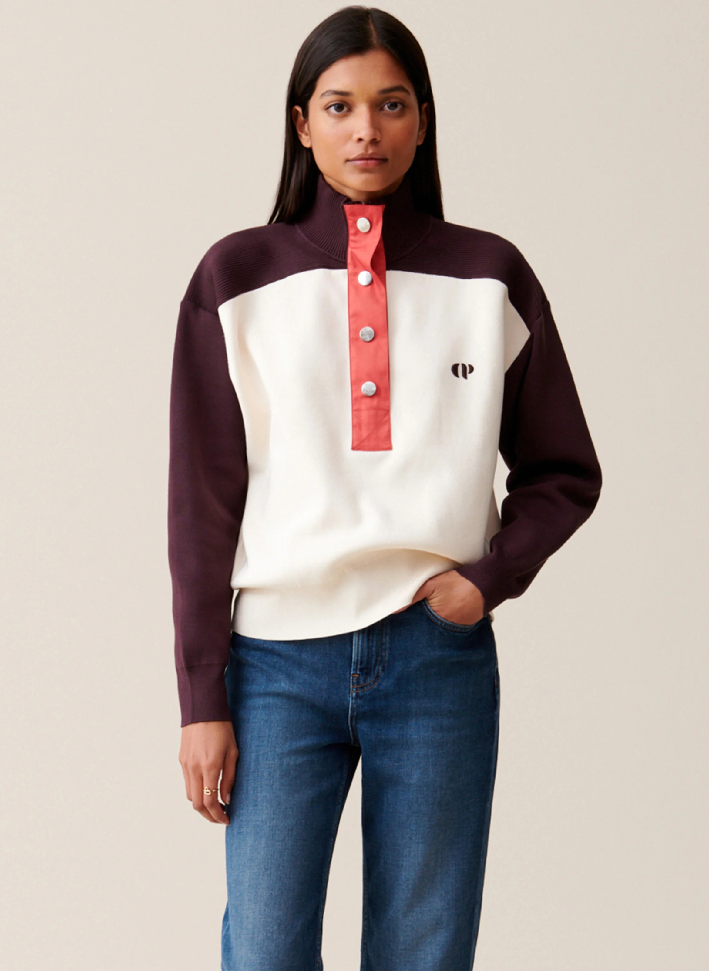 Sweat ample col montant boutonné | Blanc