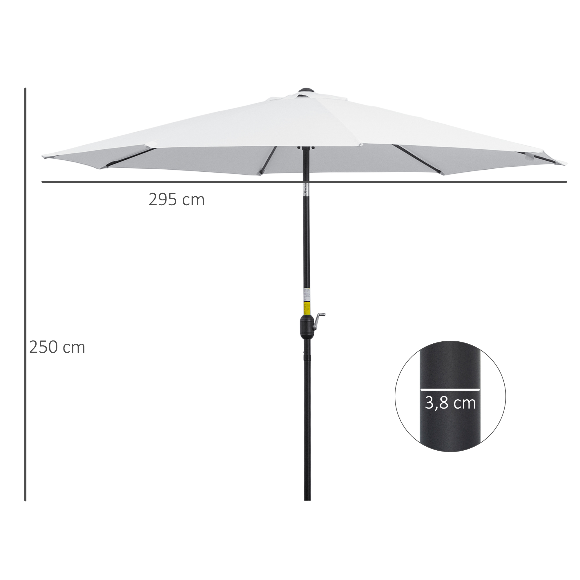 Guarda-sol de jardim Outsunny Ø292x250 cm com manivela, guarda-sol externo com mecanismo de inclinação e mastro de metal removível para terraço, piscina e pátio, branco.