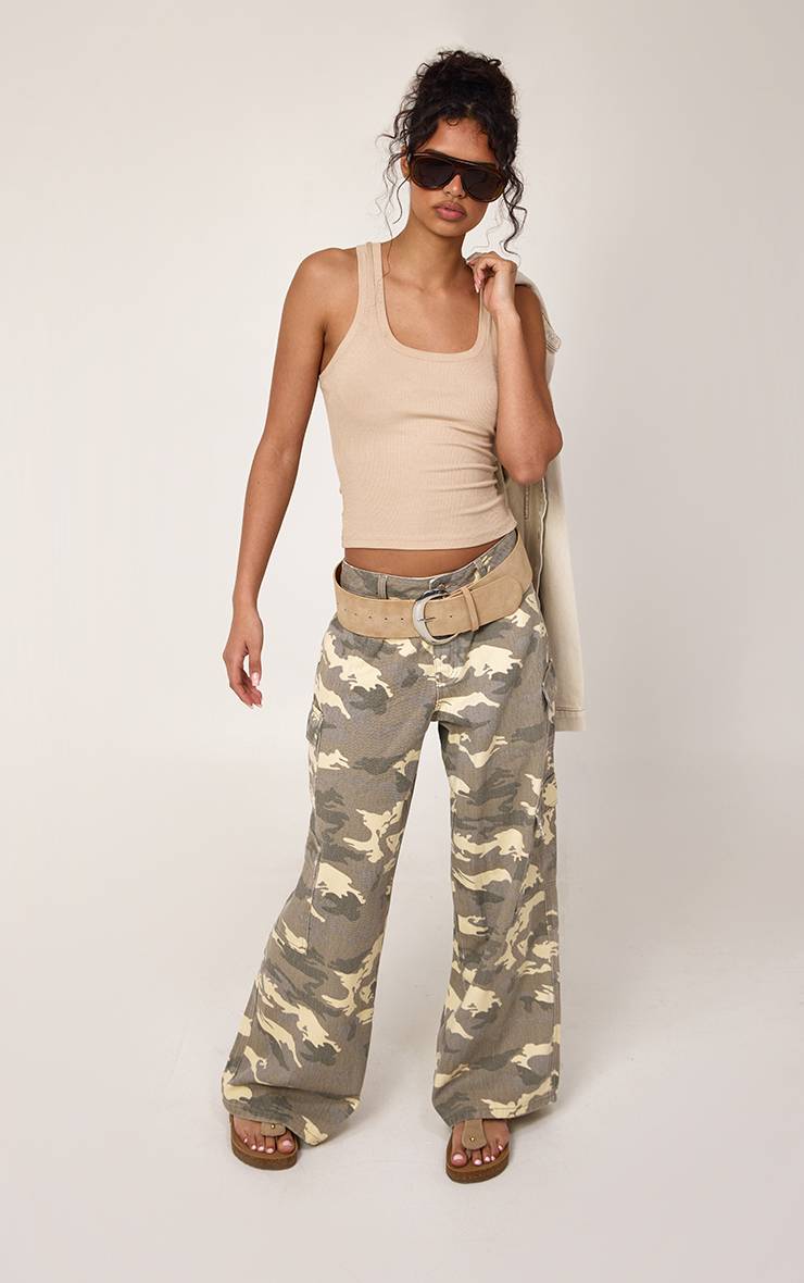 Kaki Jean Large À Poches Cargo Imprimé Camouflage Délavé