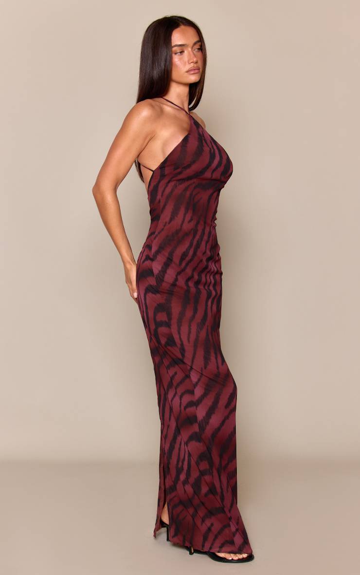 Marron Robe Longue En Mousseline À Imprimé Zèbre Avec Encolure Dos-nu Et Détails Perlés