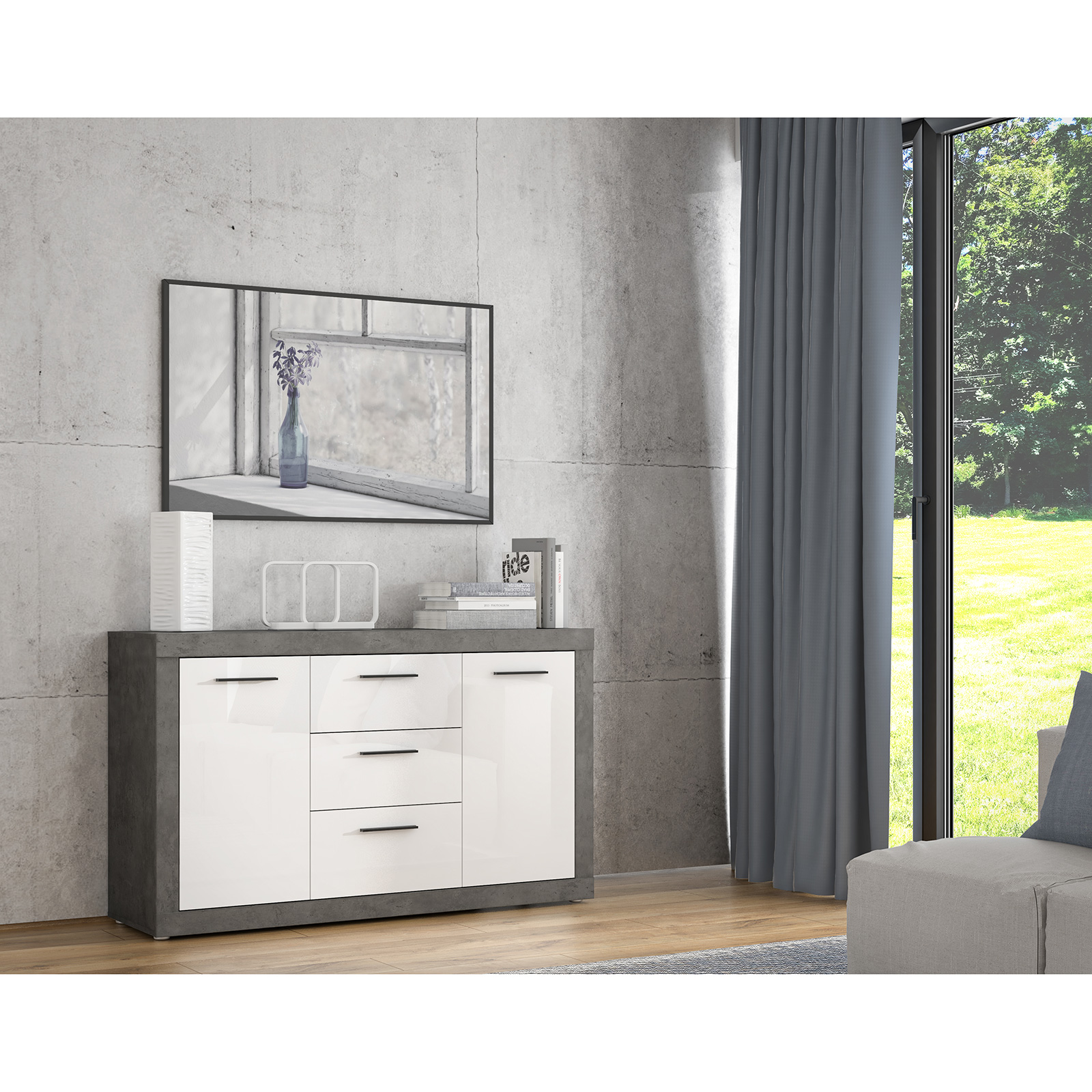 Sideboard - Betonoptik - weiß - 143 cm breit