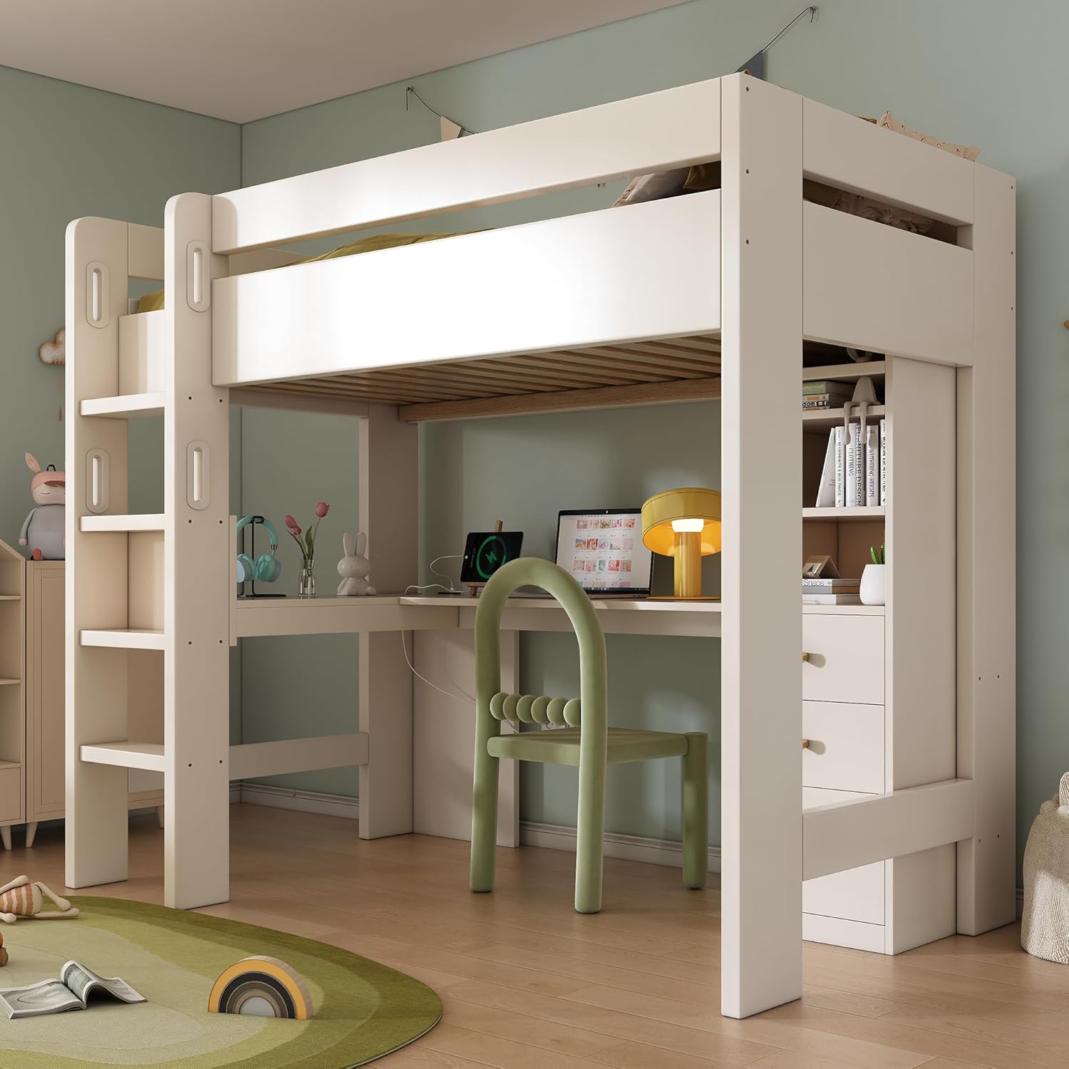 Hochbett Jugend-Einzelbett 90×200cm Kinderbett mit L-förmigem Schreibtisch, Regalen und Schubladen mit USB/Type-C Ladebereich, mit Leiter und Holzlattenrost, Weiß, ohne Matratze.