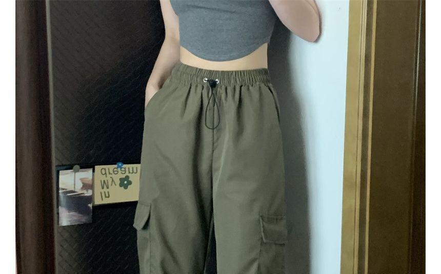 Soswift - Hoge taille, effen, baggy cargobroek met trekkoord