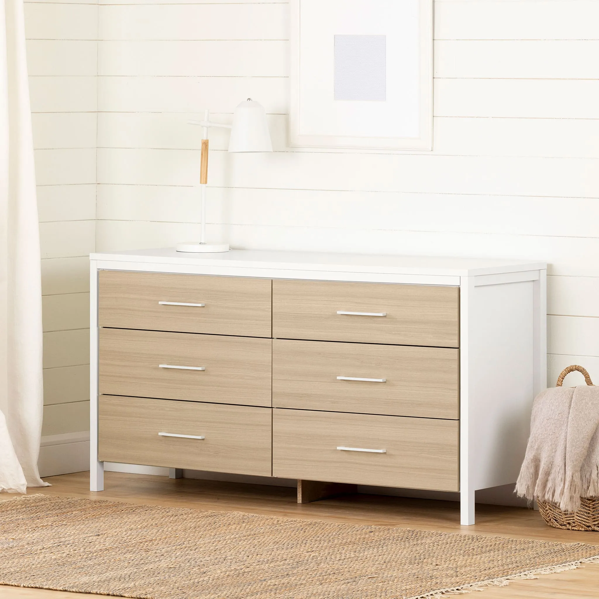 South Shore Bureau double 6 Tiroirs - Munich Blanc et Orme Naturel