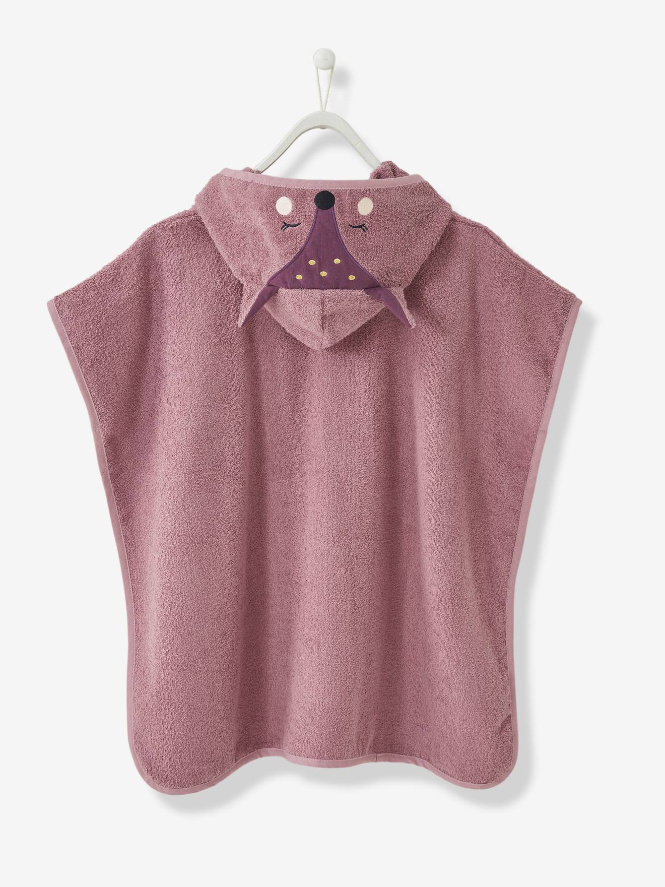 Poncho de banho roxo com estampa de veado, tamanho médio liso com motivos.