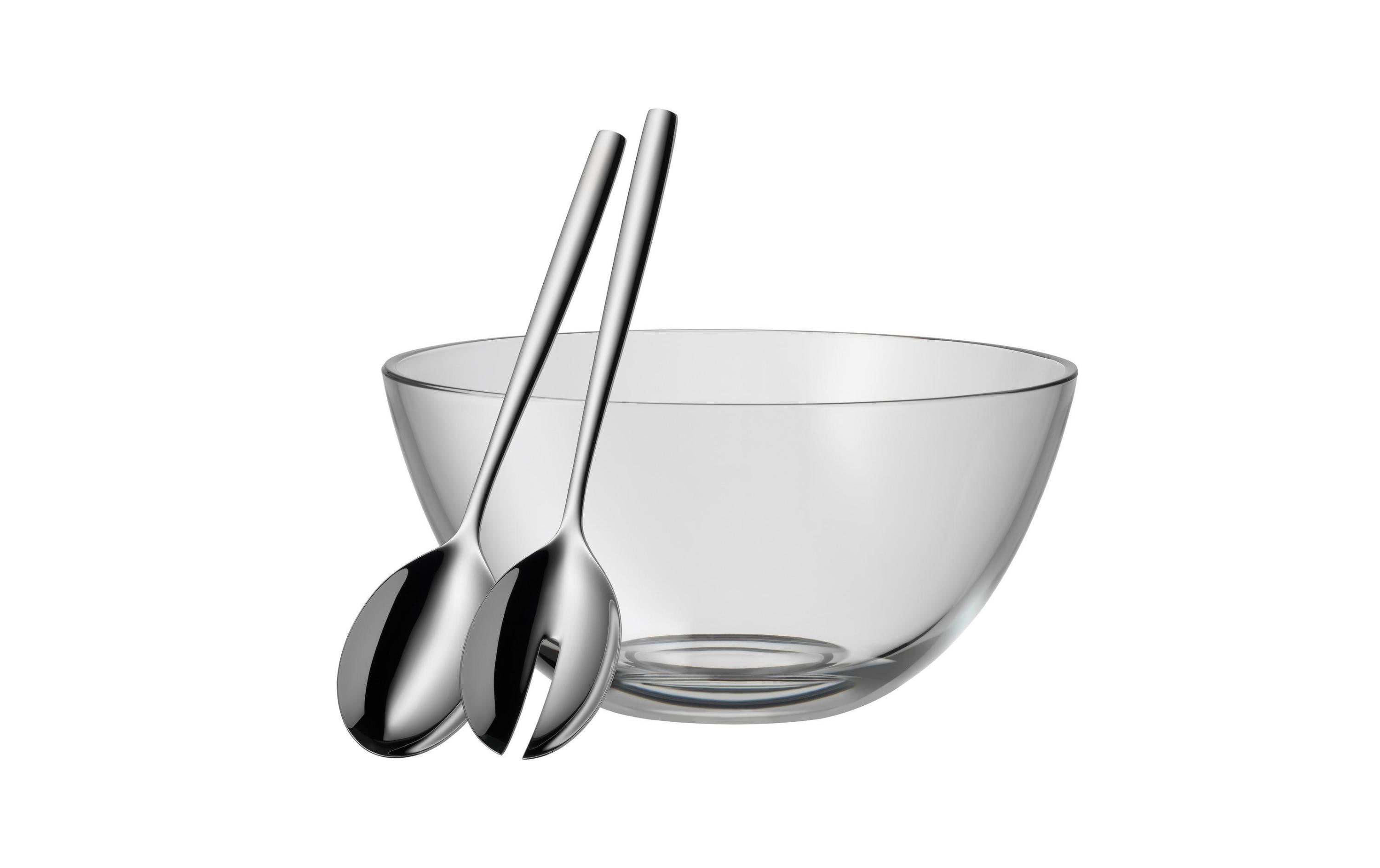 Salatschüssel mit Besteck 23.5 cm, 1 Stück, TransparentGlasschale zum Servieren und Anrichten von Salat mit Salatbesteck