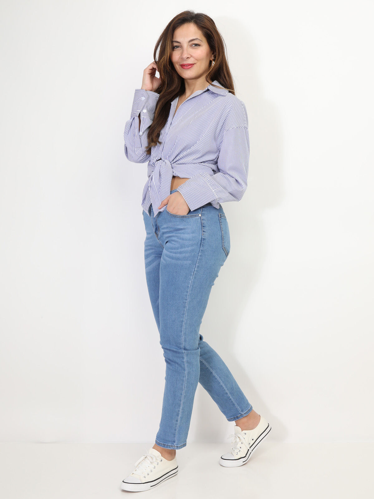 Chemise oversize à fines rayures- Bleu