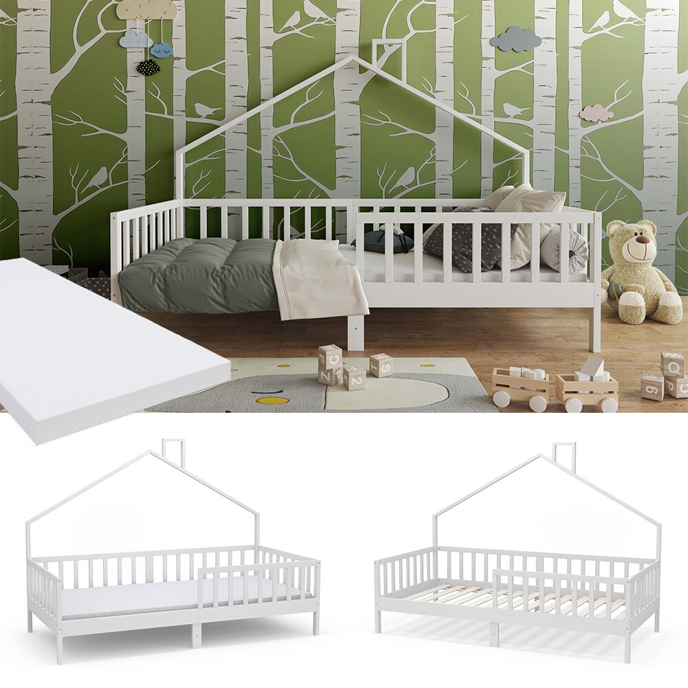 Vicco Hausbett Kinderbett Justus Weiß 90 x 200 cm mit Matratze modern