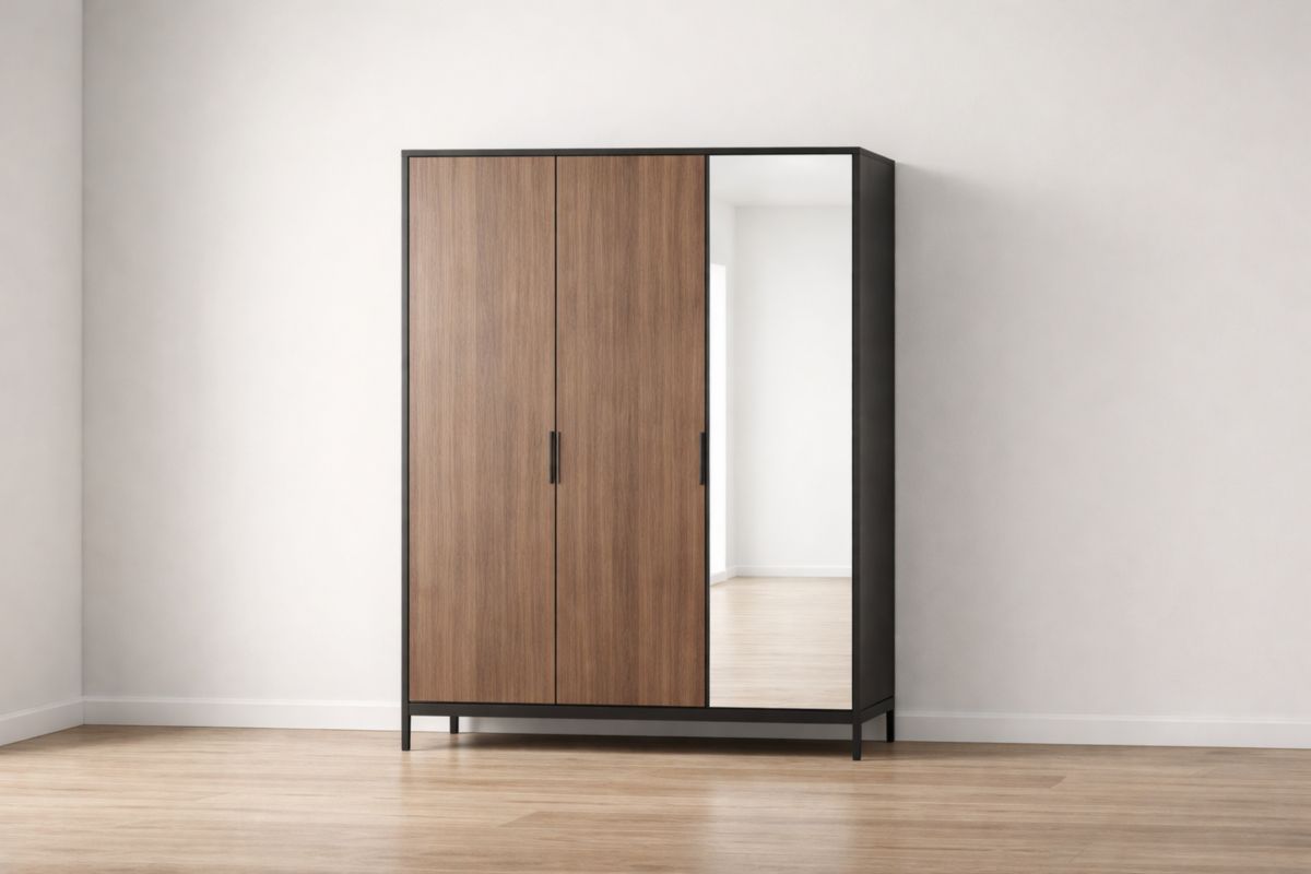 Kleiderschrank 3-türig Eiche Dekor Stahlrahmen mit Spiegel 200x150x60cm