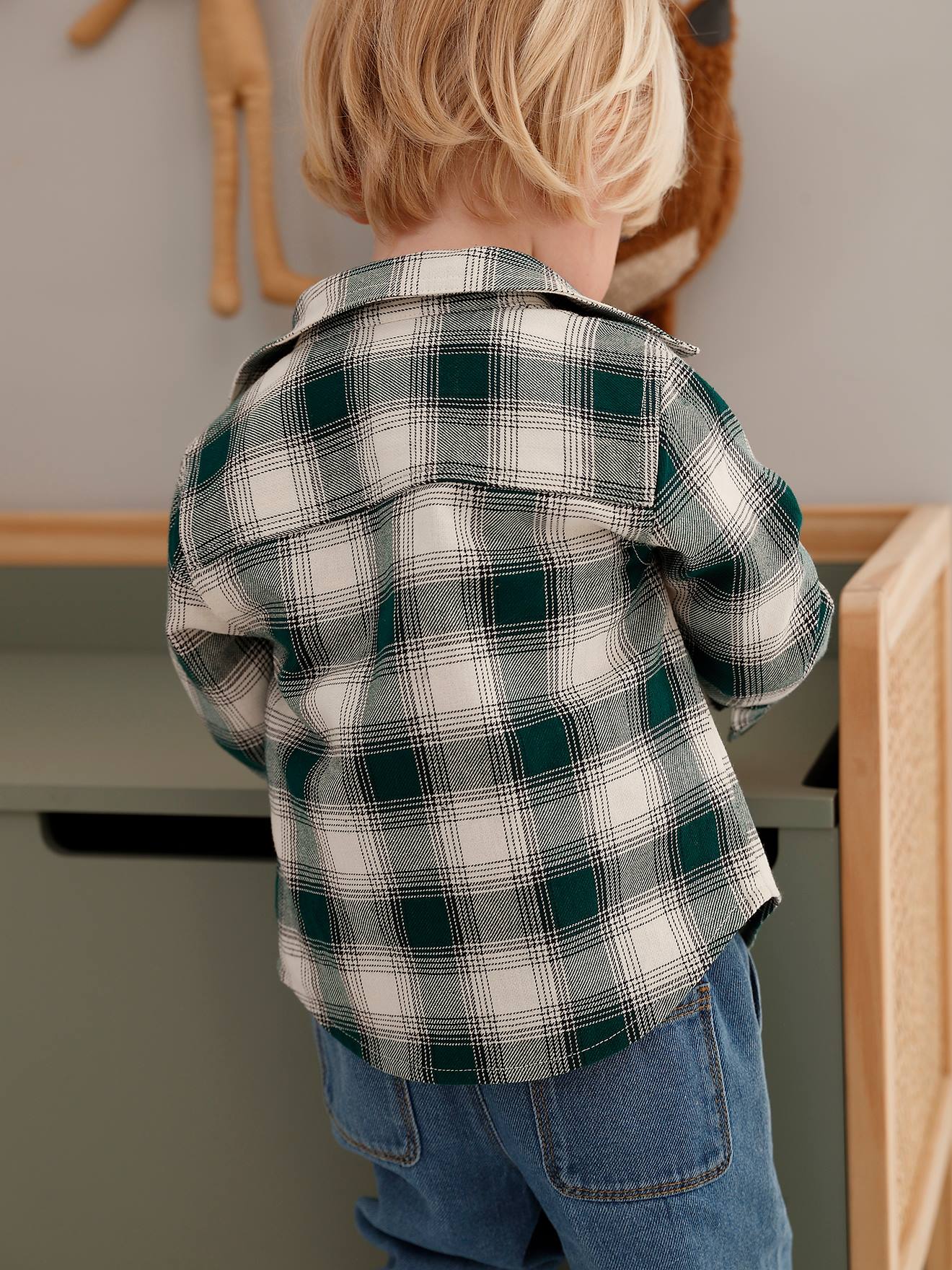 Camisa de flanela xadrez para bebê, xadrez verde