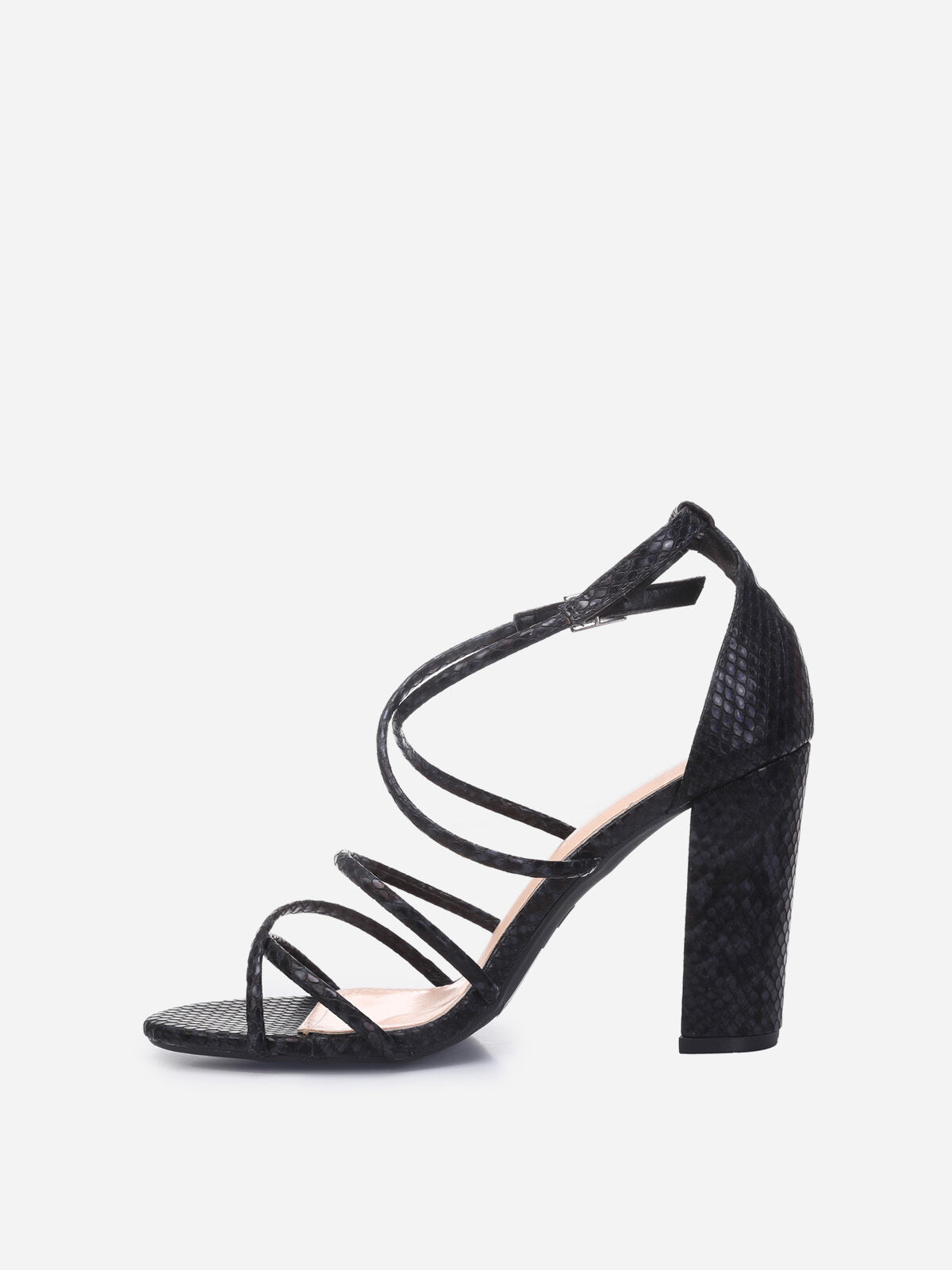 Sandales à talon carré façon python- Noir