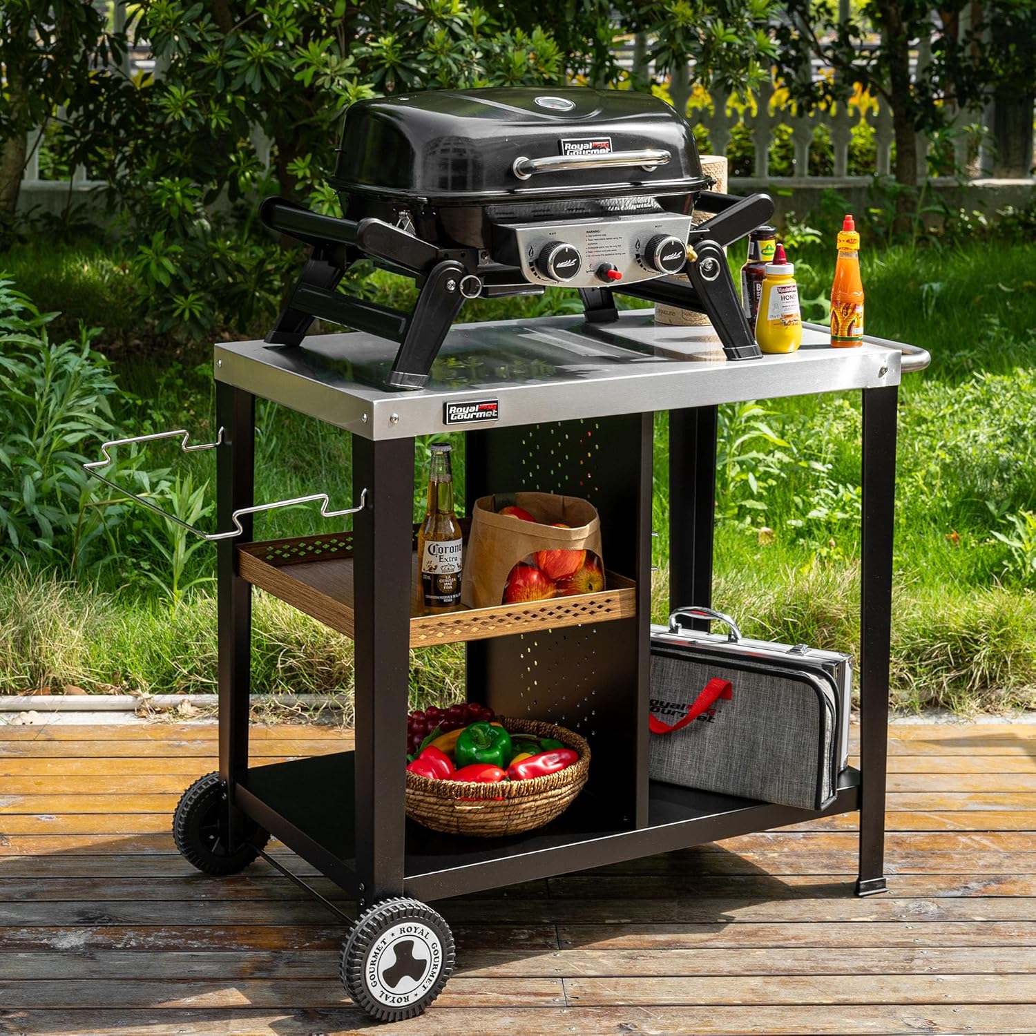 Royal Gourmet Grilltisch mit 85x50 cm Edelstahlplatte 3-Etage Grillwagen für Tischgrill und Pizzaöfen, Rollwagen mit Griffen, Müllbeutelhalter & Aufbewahrungsregalen, Einfaches Reinigen & Bewegbar