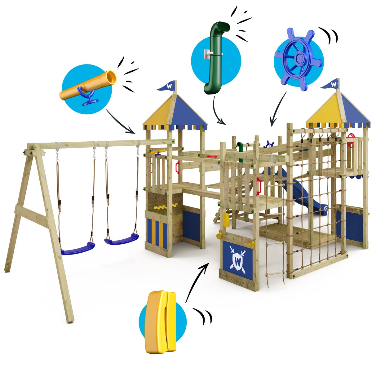 WICKEY Smart Queen Castle Speeltoren met Schommel en Glijbaan, Speelhuis met Zandbak, Klimladder en Speelaccessoires - Blauw