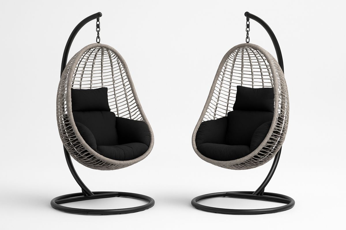 Hängesessel Set Rattan Look Beige/Schwarz Stahlgestell