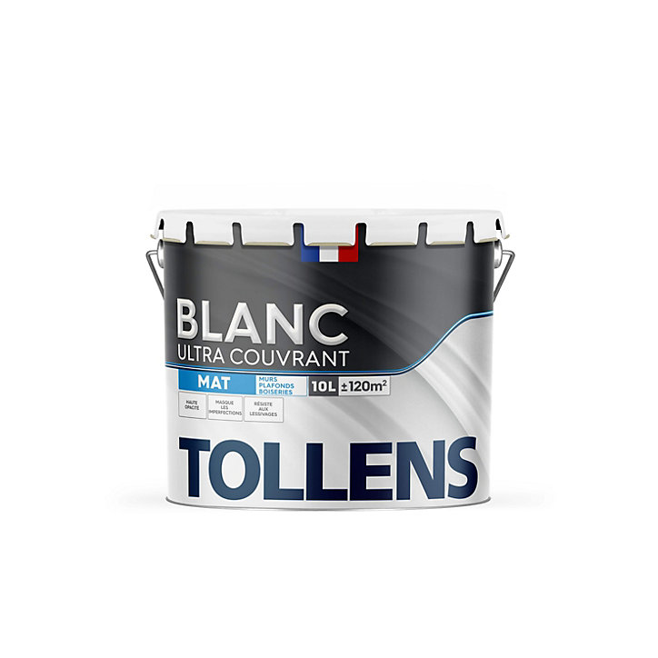 Peinture Tollens ultra couvrant murs, plafonds et boiseries mat blanc 10L