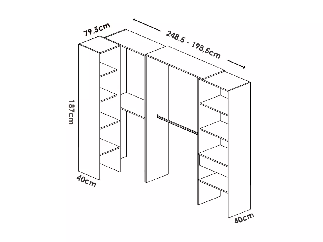 Kit armoire dressing d'angle extensible en bois mélaminé coloris blanc - Longueur 198-248 x Profondeur 79 x Hauteur 187 cm