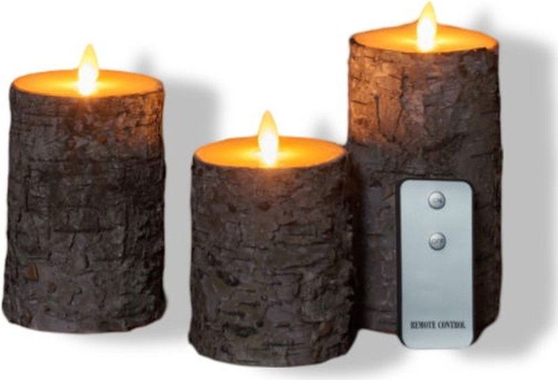 Set van 3 luxe berkenhout kleur LED stompkaarsen met afstandsbediening - Woondecoratie - LED kaarsen - Elektrische kaarsen