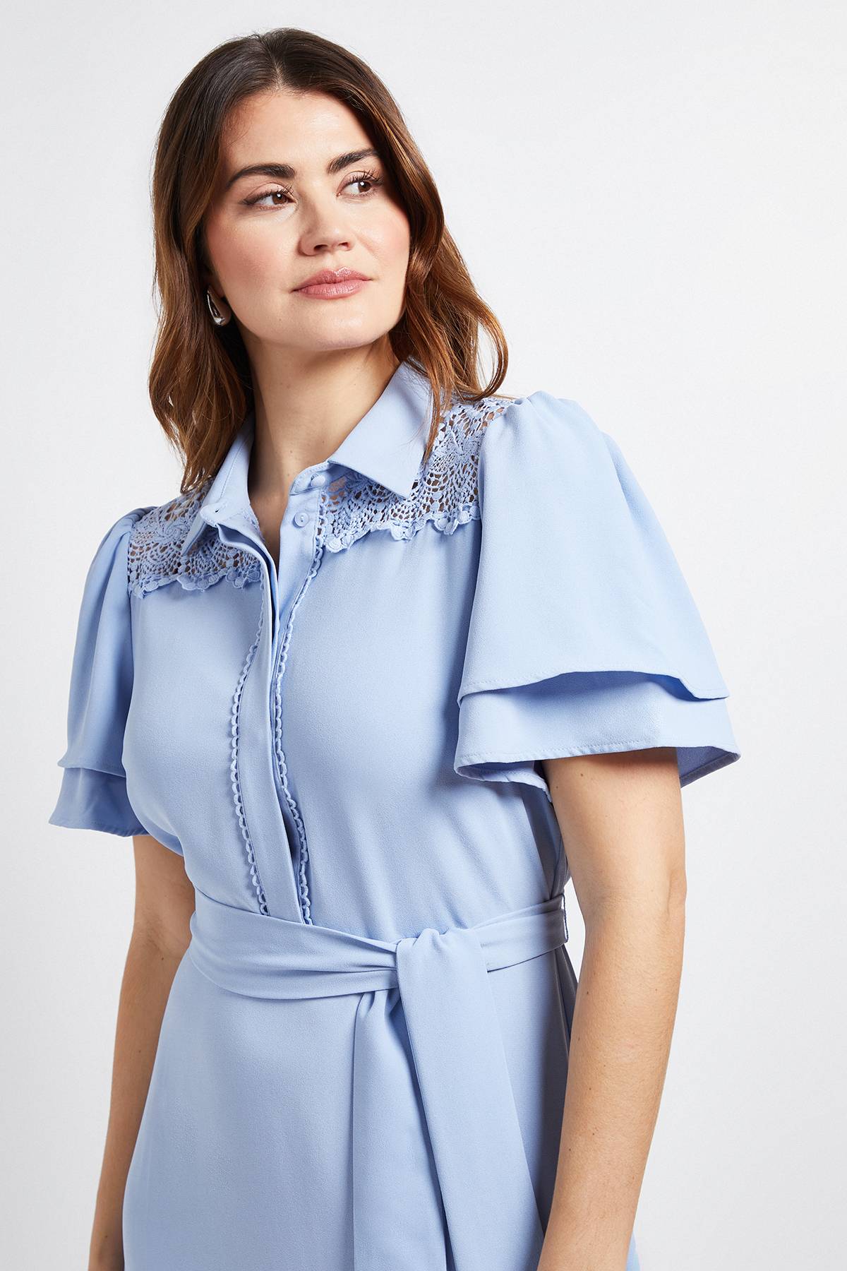 Wallis Robe Midi À Manches Volantées Avec Empiècement En Dentelle