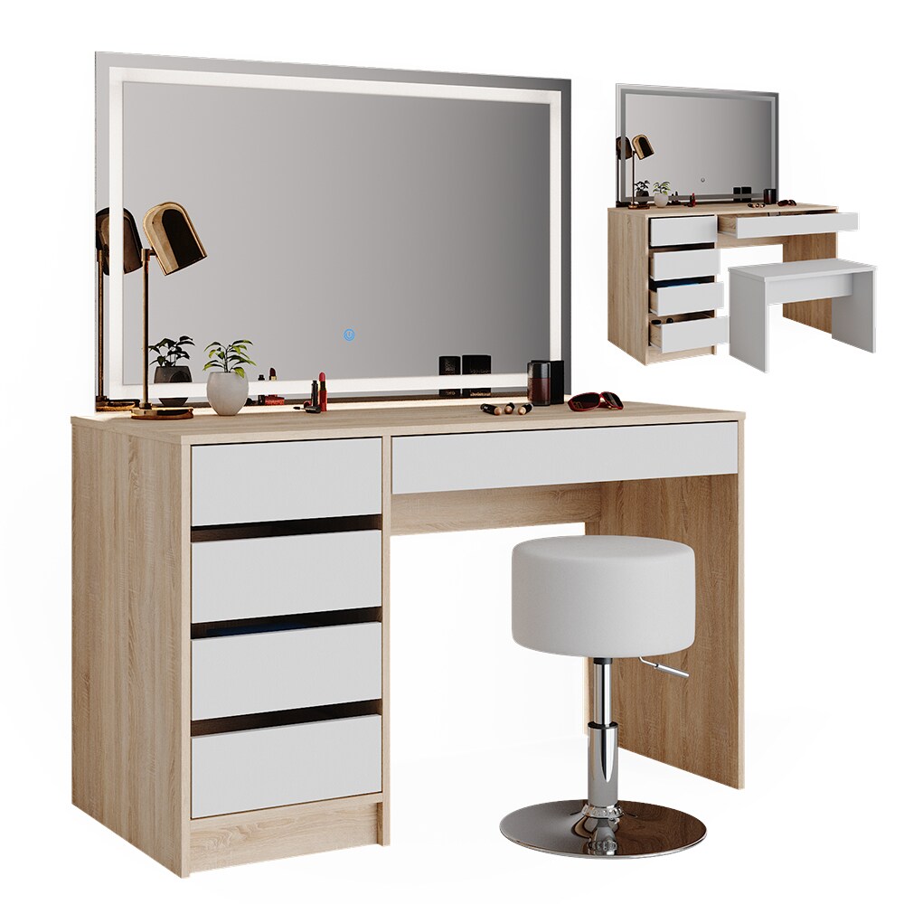 VICCO Schminktisch Sherry Sonoma Weiß Frisiertisch LED Spiegel Kommode Hocker