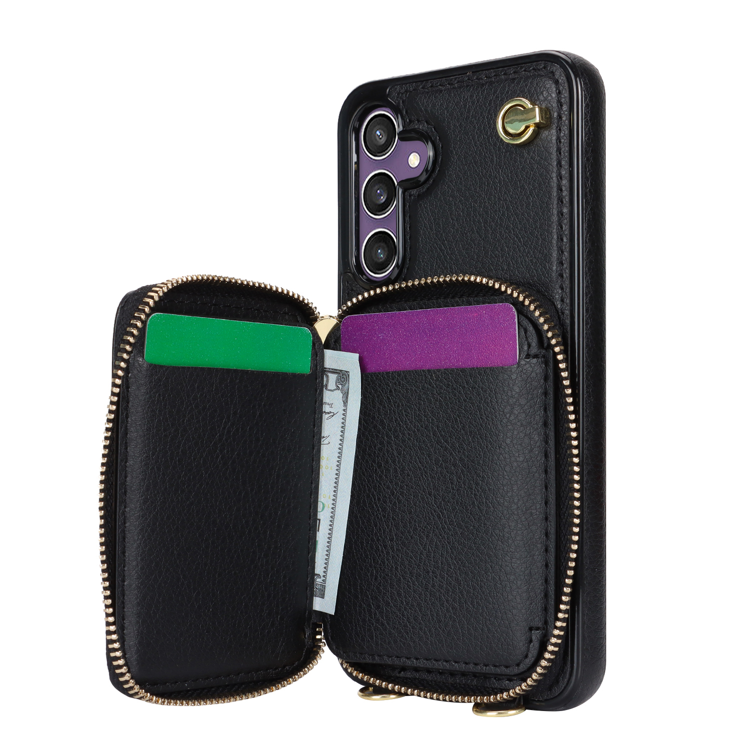 Samsung Galaxy S25 FE Necklace Leder Schutz Hülle mit Kartenfächer   Handykette (140cm) - Schwarz
