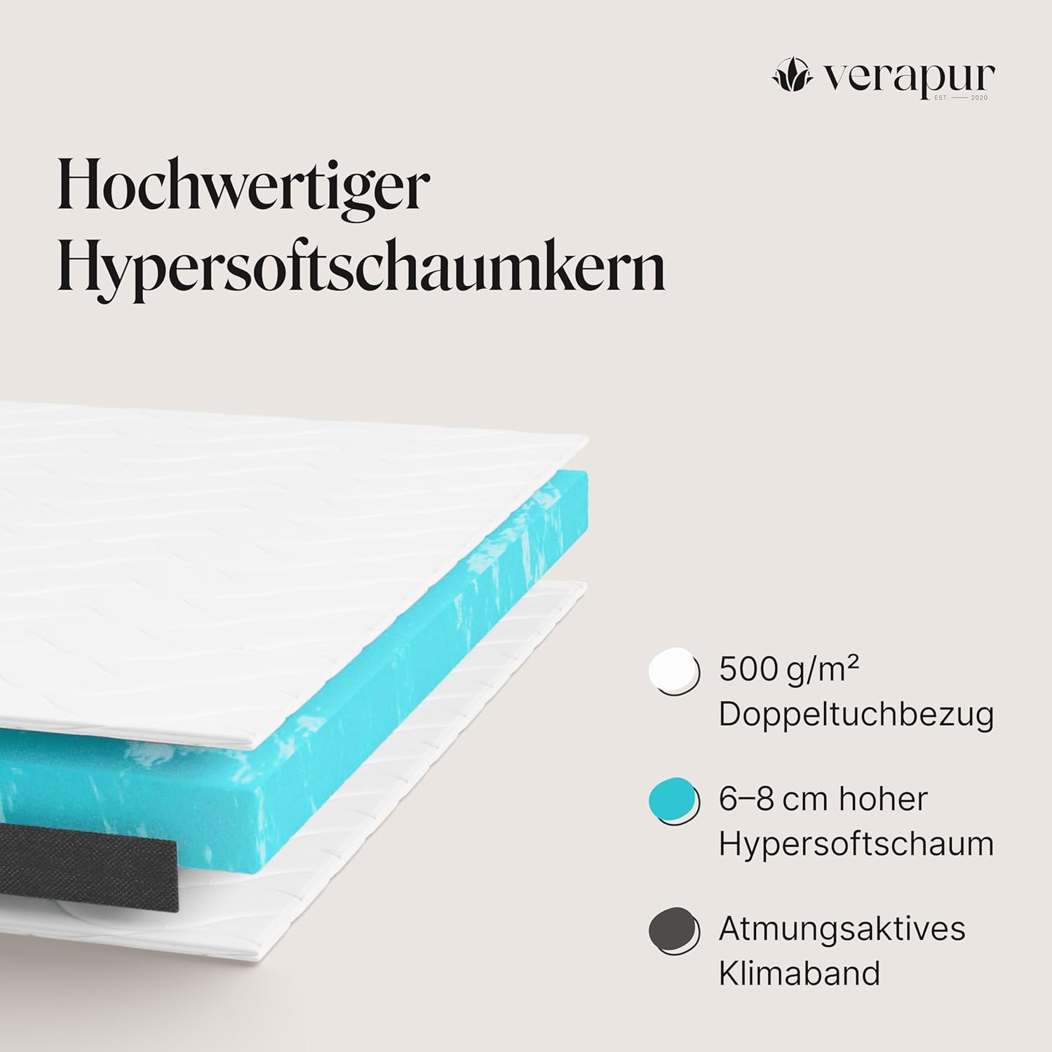 verapur Hypersoft Topper HT600, 90 x 200 cm, Härtegrad H1, Matratzentopper, anpassbar ohne Memoryeffekt, waschbarer Bezug