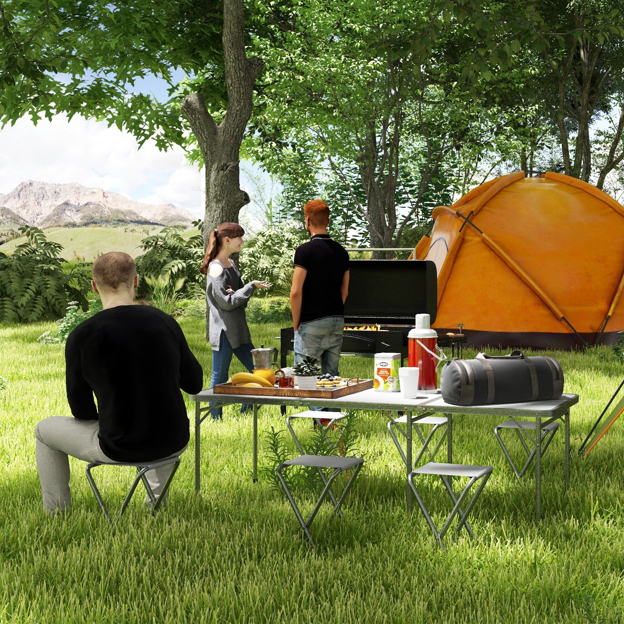 Outsunny Campingtisch Set mit 6 Stühlen grau 180L x 60B x 70H cm