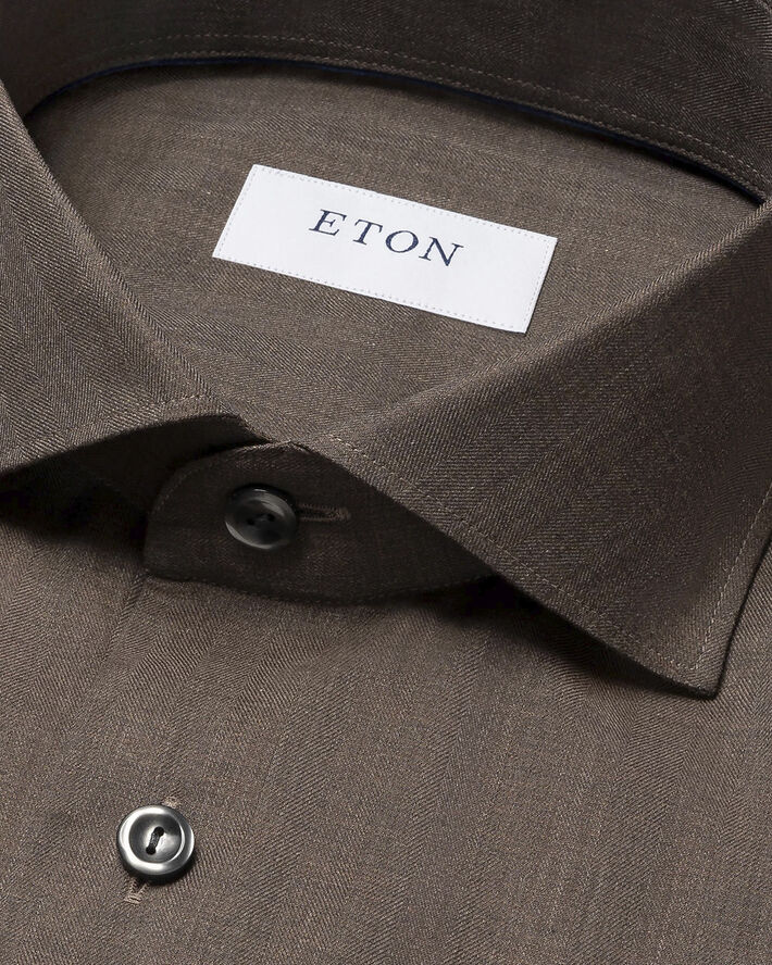 ETON Slim Fit Dark Brown Herringbone Wrinkle Free Flannel Shirt Mørkebrun